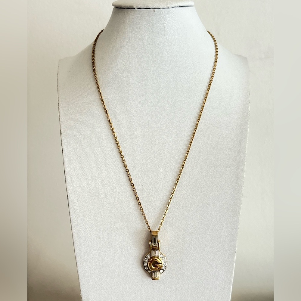Givenchy Vintage Gold Tone Crystal Rhinestone G Necklace